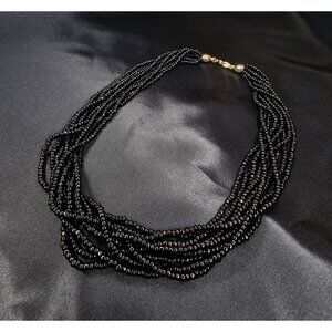 Vintage 1970s Trifari Necklace Multi Strand Black Bead Choker